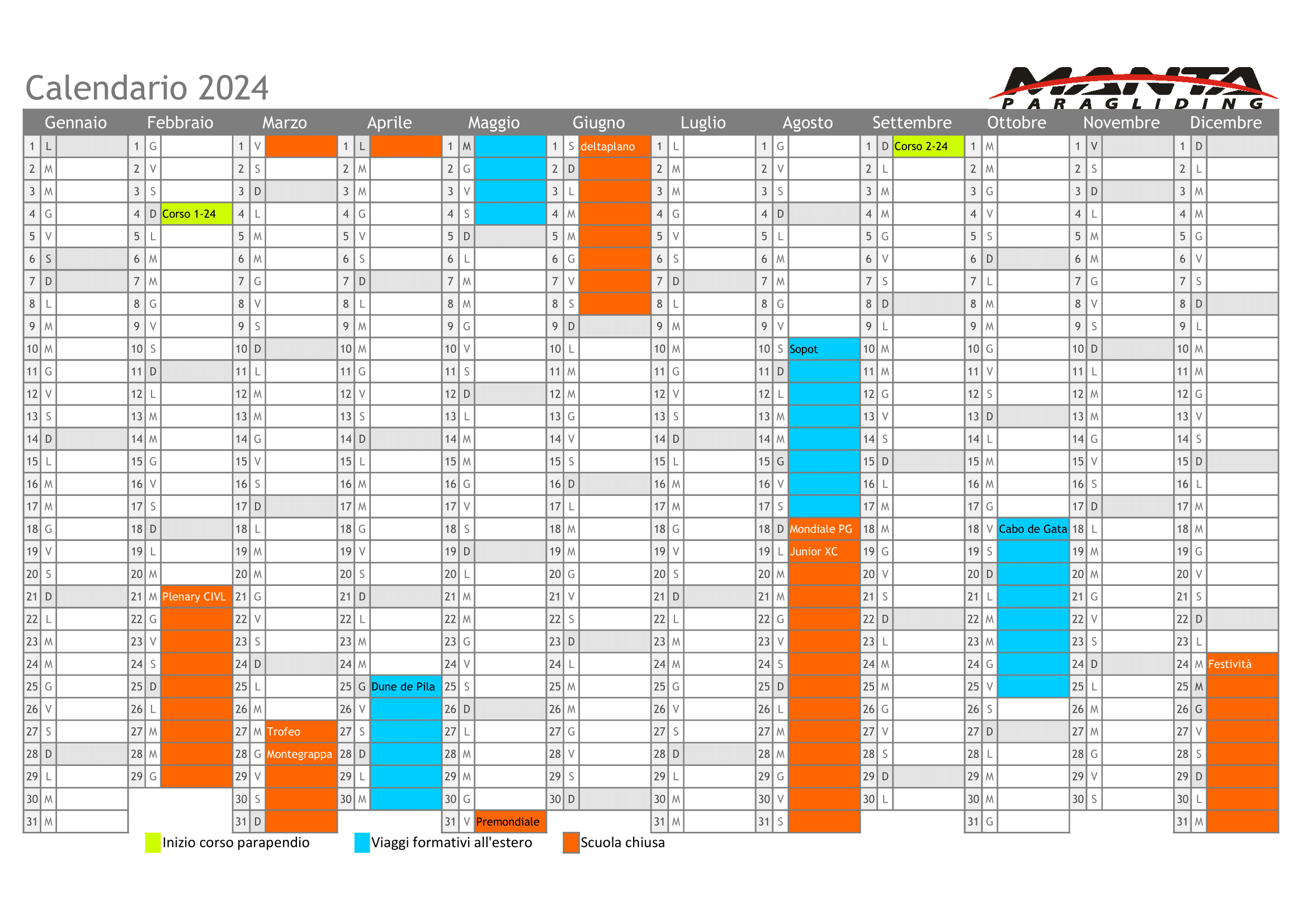 Calendario attività parapendio 2024